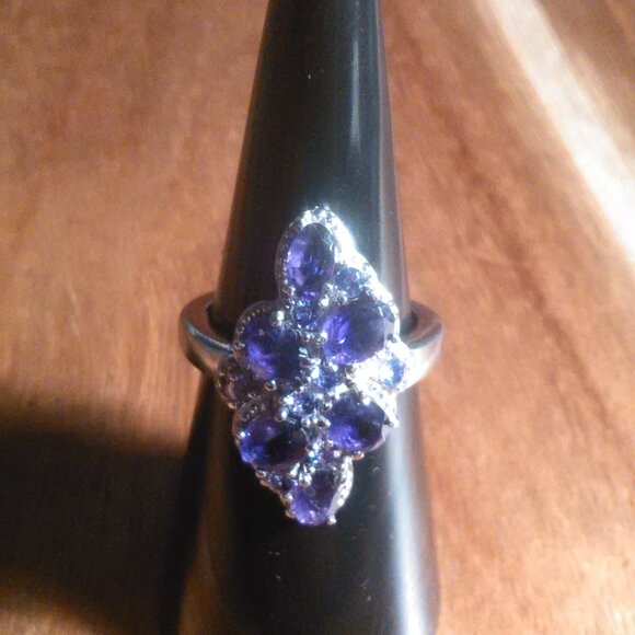 African Amethyst and Simulated Purple Diamond Stainless Steel Ring (Size 6) - Picture 11 of 13
